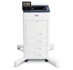 Xerox VersaLink C500 colour laser printer with multiple trays on a wheeled base and a compact, convenient touch screen for intuitive navigation, designed for superior print quality by Xerox D&O Partners.