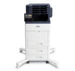 Xerox VersaLink C600V colour laser printer on a wheeled stand, with paper trays and job dispatcher module, representing a high-performance office printing solution from Xerox D&O Partners.