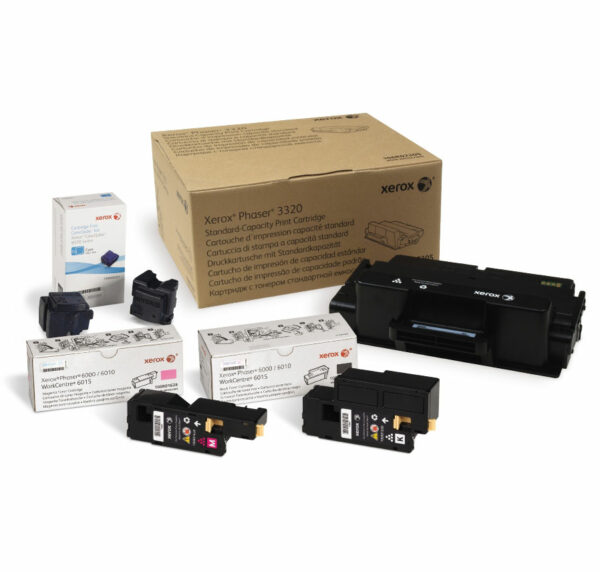 Ink cartridges and toners for Xerox printers, accompanied by their original packaging, reflecting the technical service and consumables provided by Xerox D&O Partners.