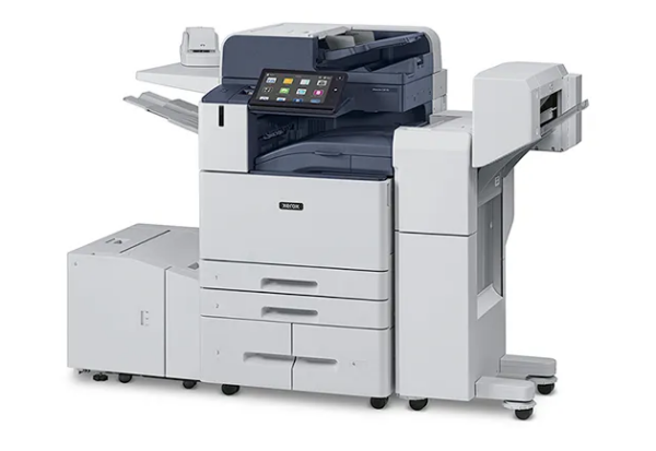 Xerox AltaLink C8100 series colour multifunction printer with finisher and high-capacity paper tray, designed to meet complex printing, copying and scanning needs in a professional environment, offered by Xerox D&O Partners.