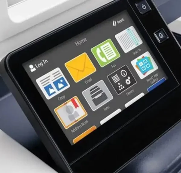 Close-up touch screen of the Xerox Versalink C7100 multifunction colour printer, displaying interactive icons for functions such as copying, email, faxing and more, illustrating Xerox's intuitive user interface and state-of-the-art technology.