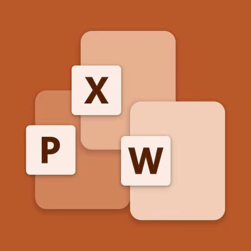 Icoon van Xerox Converteren naar Ms Office app, overlappende blokken met letters 'X', 'P', en 'W' op een terracotta achtergrond, aangeboden door D&O Partners.