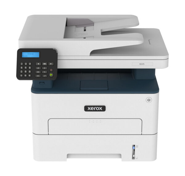 Xerox B225 multifunctionele printer met ADF-scanner bovenop en duidelijk bedieningspaneel, ideaal voor zakelijk gebruik en documentbeheer.