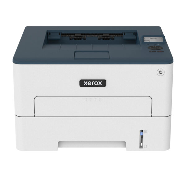 Xerox B230 monochrome printer, een compact desktop model met gesloten papierlade en intuïtieve bedieningspaneel voor persoonlijk en kantoor gebruik.