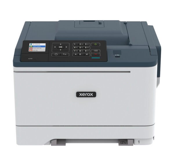 Een Xerox C310 kleurenprinter met een modern bedieningspaneel en een compact ontwerp voor efficiënt kleurenafdrukken