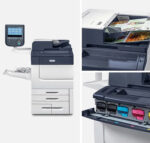Xerox PrimeLink C9065/C9070 multifunctionele kleurenprinter met interactief touchscreen display en open klep die inktcartridges toont, ideaal voor professioneel printen.