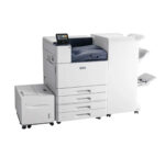 Modern, high-performance Xerox VersaLink C9000 colour printer presented with external finisher and high-capacity paper tray, highlighting advanced printing technology for professional office environments, available through Xerox D&O Partners.