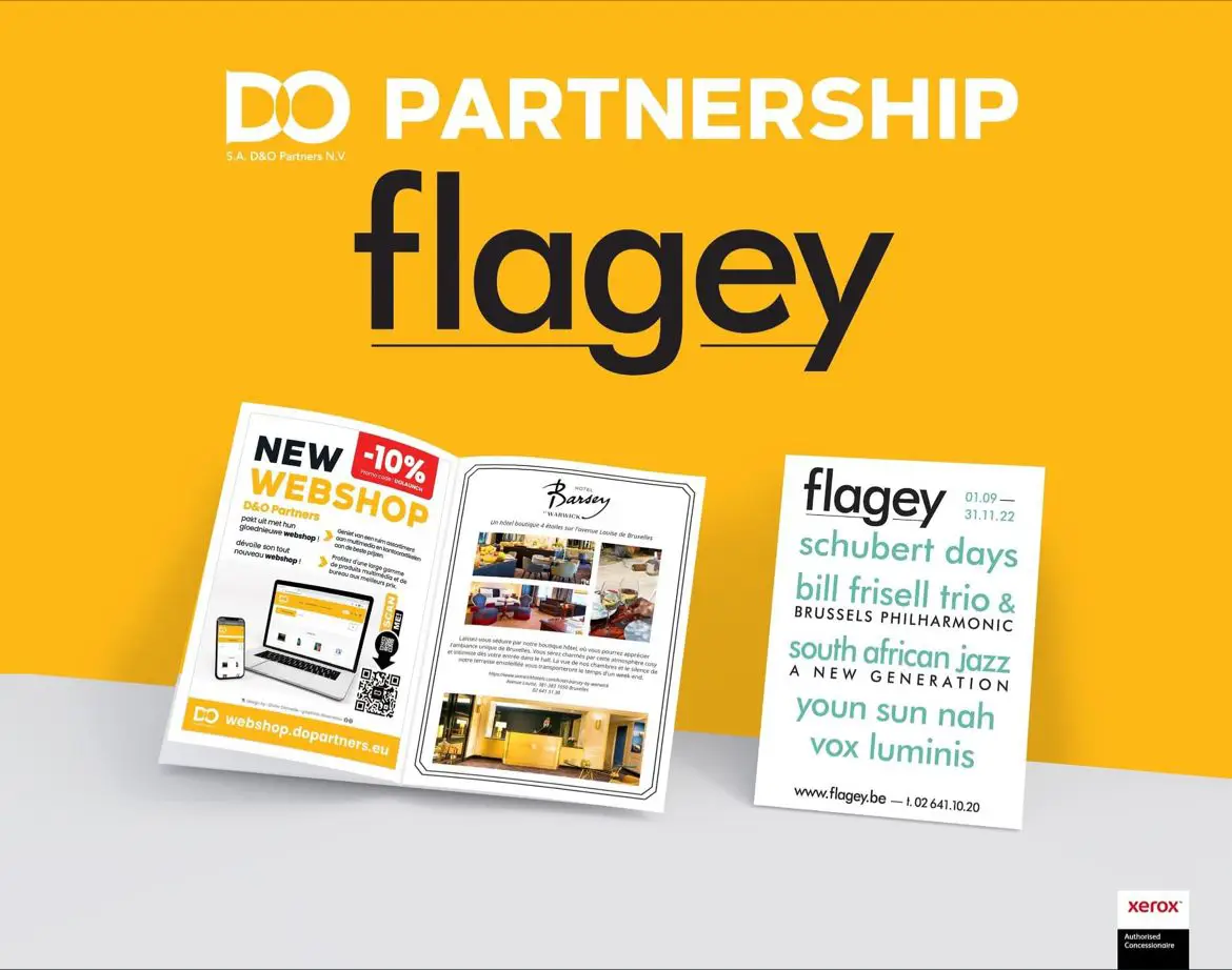 Affiche promotionnelle présentant la collaboration annuelle entre D&O Partners et Flagey, avec une brochure ouverte montrant les détails de l'événement Schubert Days et les performances musicales à venir, en partenariat avec D&O Partners.